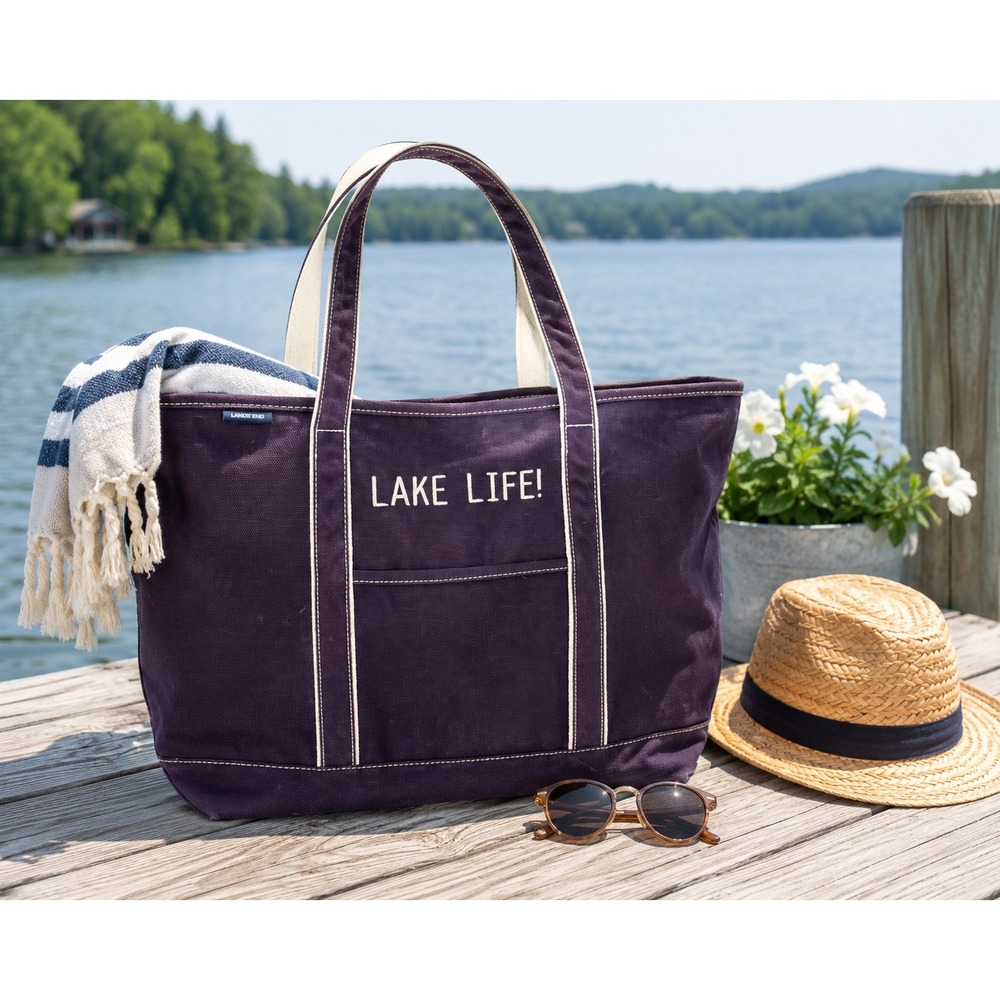 Lands End Lake Life Navy Blue XL Extra Large Canvas Boat Tote Utility Bag 90s